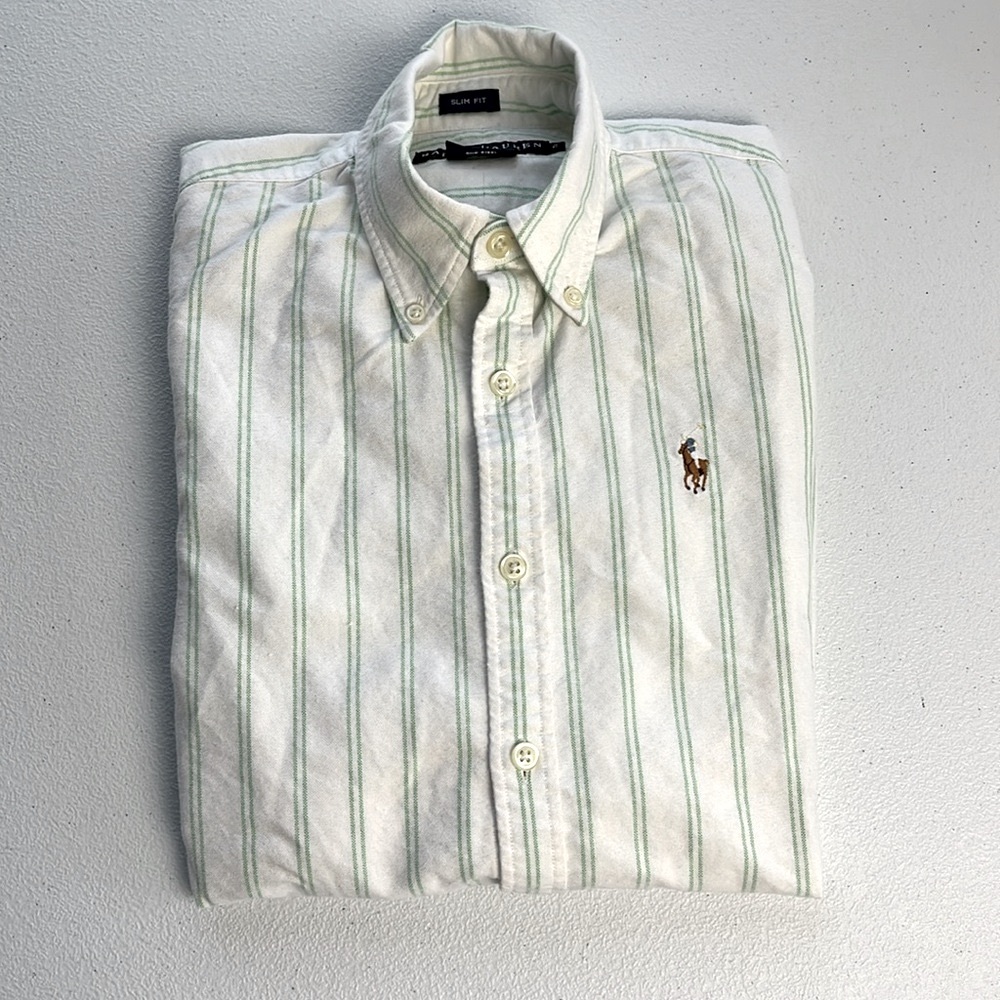 Ralph Lauren Blue Label White Button-Down Shirt with Green Stripe